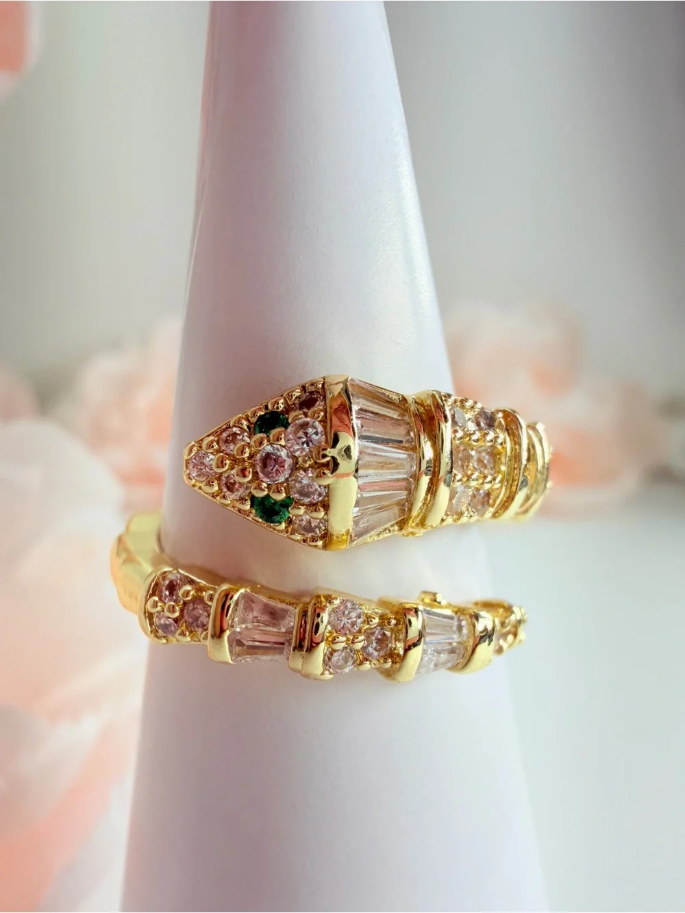 Gold Serpent-Style Ring with  Green Crystal Accents